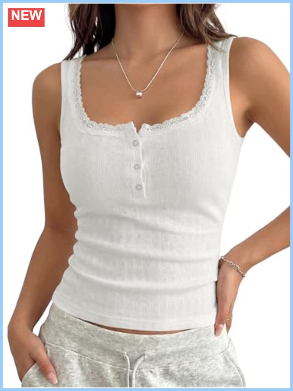 Sleeveless Button Up Lace Trim Pointelle Crop Tank Top Scoop Neck
